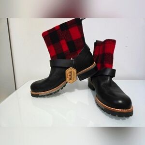 WOOLRICH-New With Tags! Red And Black Plaid Waterproof Wool Ankle Boots. Size 8